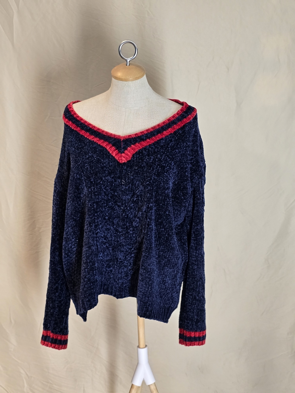 Off-the-Shoulder Navy  Sweater with Red Trim